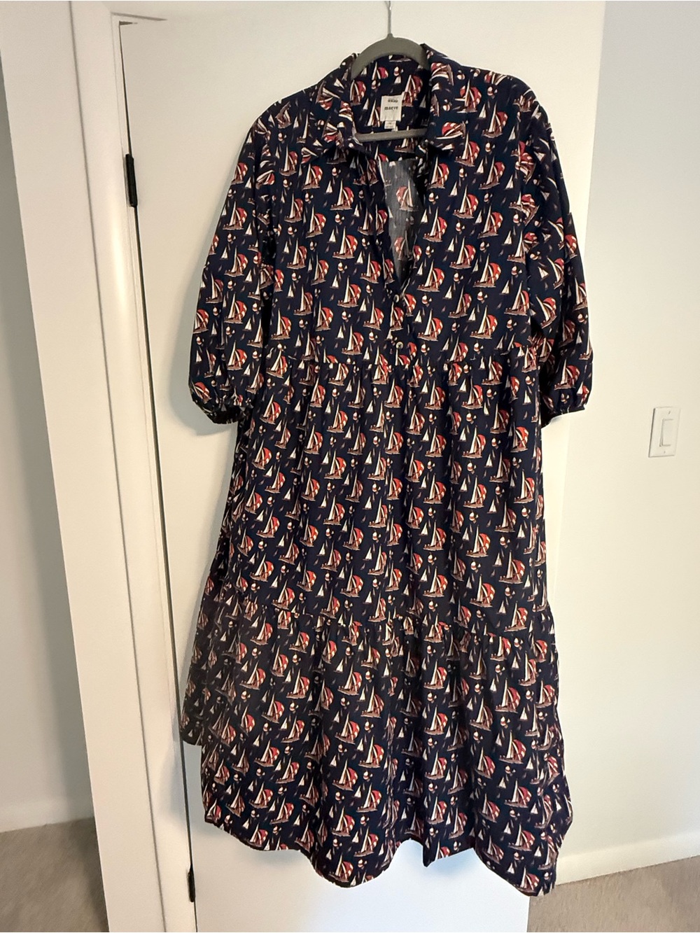 Maeve Navy Sailboat Tiered Midi Dress with Red and White Accents